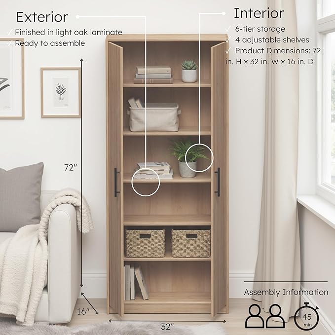 Prepac 72" Tall Storage Cabinet with Doors and Shelves – Wood Utility Cabinet for Garage, Office, or Pantry