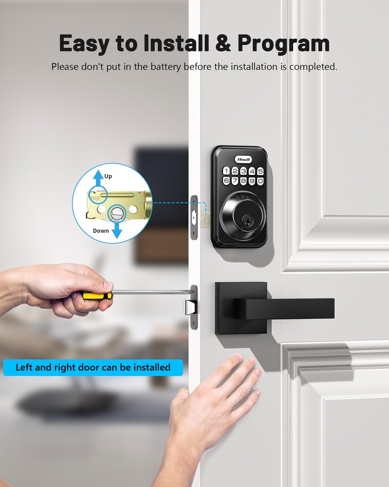 Zowill Keyless Entry Door Lock with 2 Lever Handles, Zowill Electronic Keypad Deadbolt, Auto-Locking, Anti-Peeping Password, Digital Code Door Lock, Front Door Handle Sets, Matte Black