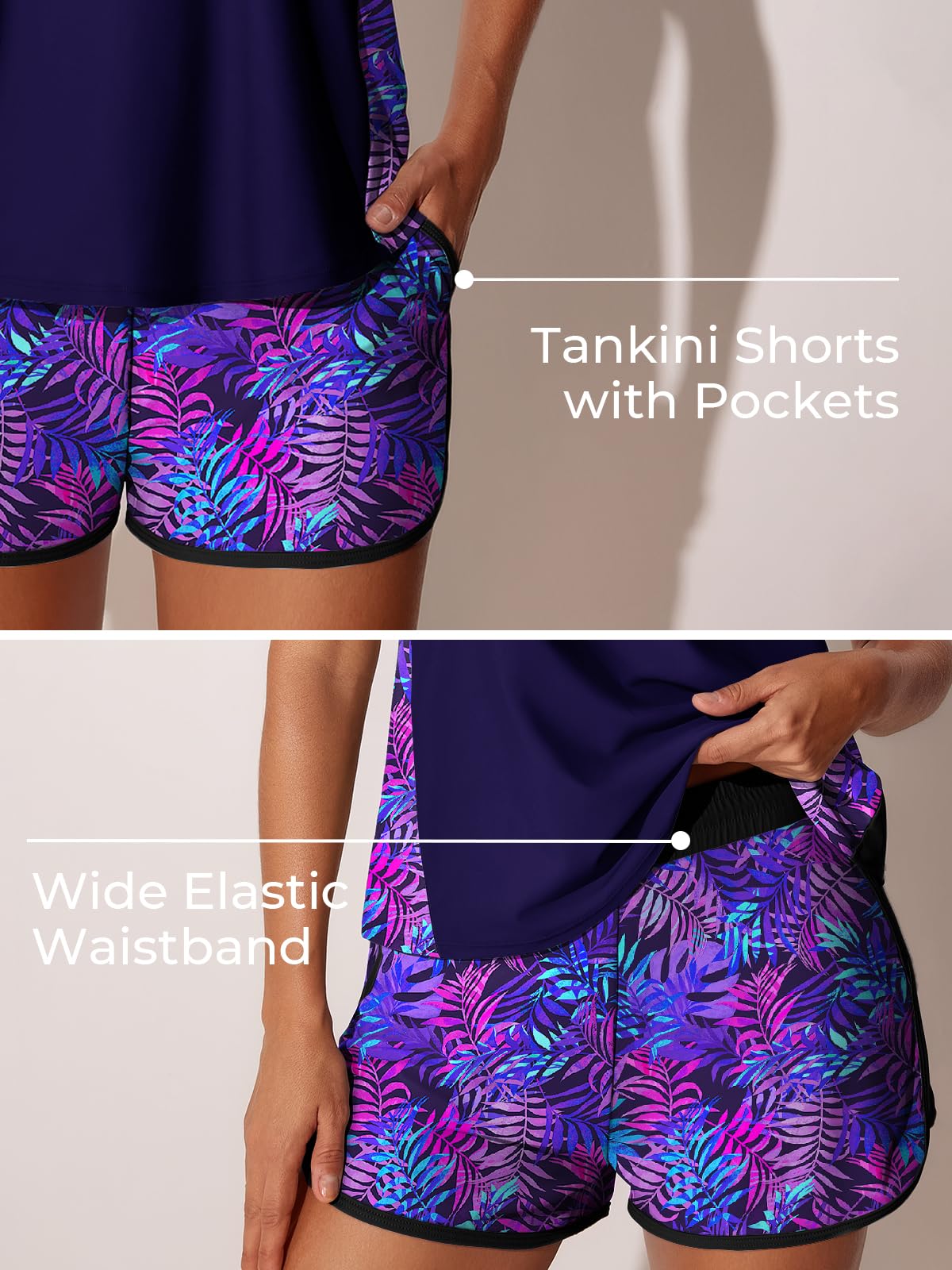 Summer Mae Plus Size Tankini Swimsuits for Women 2026 Tummy Control Two Piece Bathing Suits with Pockets Swim Shorts Purple Leaf Shadows Size 20 Plus