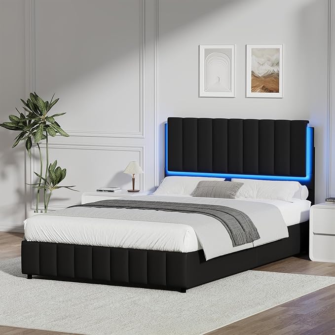 Queen Bed Frame with LED Lights and Headboard, Modern Upholstered Faux Leather Platform Bed with Wooden Slats Support, No Box Spring Needed, Easy Assembly, Black