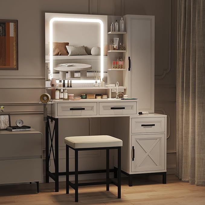Maupvit Vanity Desk with HD LED Mirror,White Vanity with Large Jewelry Cabinet,Lots Storage Shelves,3 Drawers & Cabinets,Makeup Desk with Charging Station,3 Lighting Modes, Brightness Adjustable