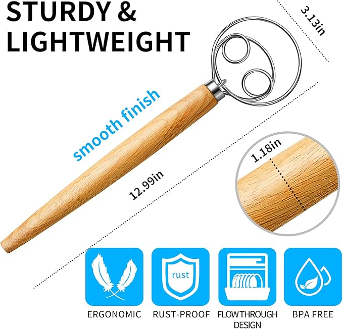 TEEVEA Danish Dough Whisk Stainless Steel Wooden Handle for Sourdough Bread
