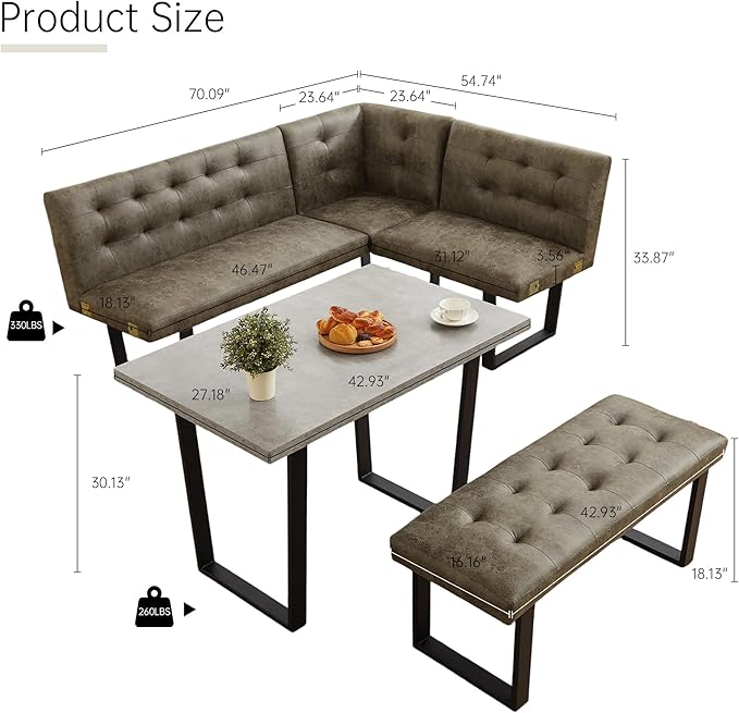 3-Piece Corner Dining Table Set with Bench, 70 Inch Space-Saving Breakfast Nook for Kitchen & Dining Room, Brown
