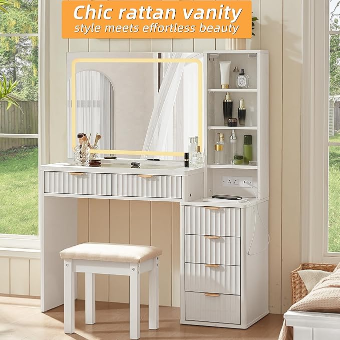 LEYAOYAO Vanity Stool, Elegant Makeup Stool with Comfortable Fabric Cushion, Sturdy Wooden Frame, Modern Vanity Bench for Bedroom and Bathroom-White