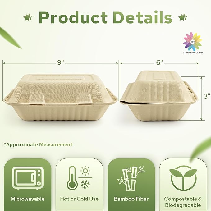 Mat Board Center Compostable Clamshell 9x6x3 Inch Hamburger 250 Count