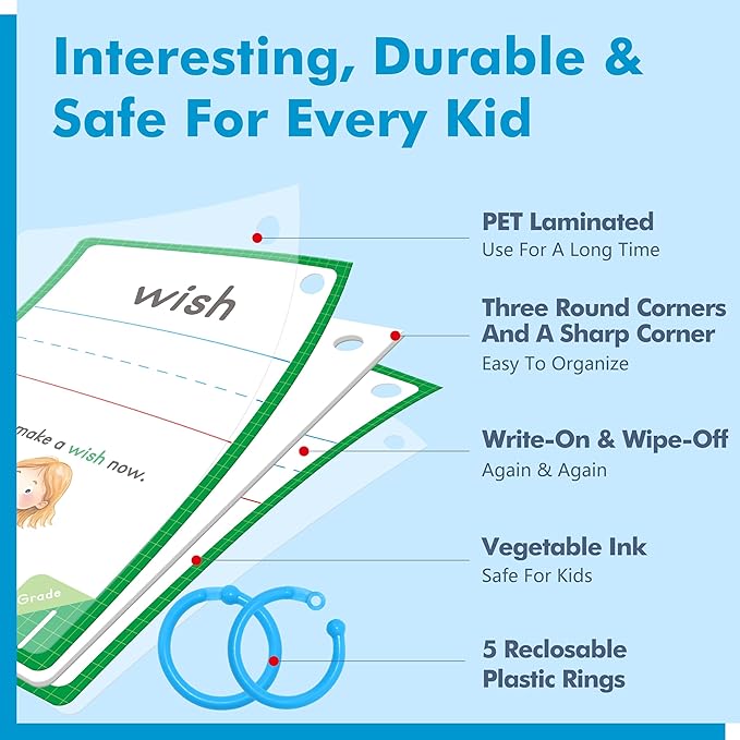 300 Sight Words Flashcards, 150PCS Double-Sided Erasable Reusable Cards Dolch & Fry Word Lists Montessori Toy for Kindergarten Preschool Toddlers 3 4 5 Years Old (5 Plastic Rings Attached)