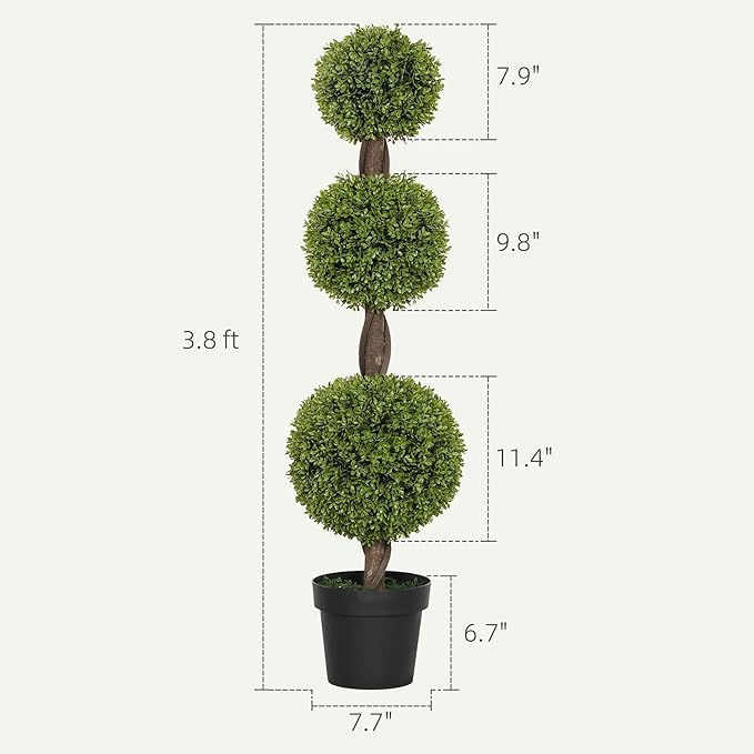 HOMCOM Artificial Plants, Set of 2 Decorative Topiary Ball-Shaped Boxwood Trees in Pots, Fake Plants for Home Indoor Outdoor Decor, 45.3 Inch, Green
