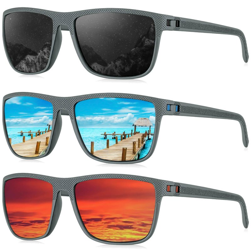 KALIYADI Polarized Sunglasses Men, Lightweight Mens Sunglasses Polarized UV Protection Driving Fishing Golf (Frame Grey|Lens Black/Ice Blue/Red)