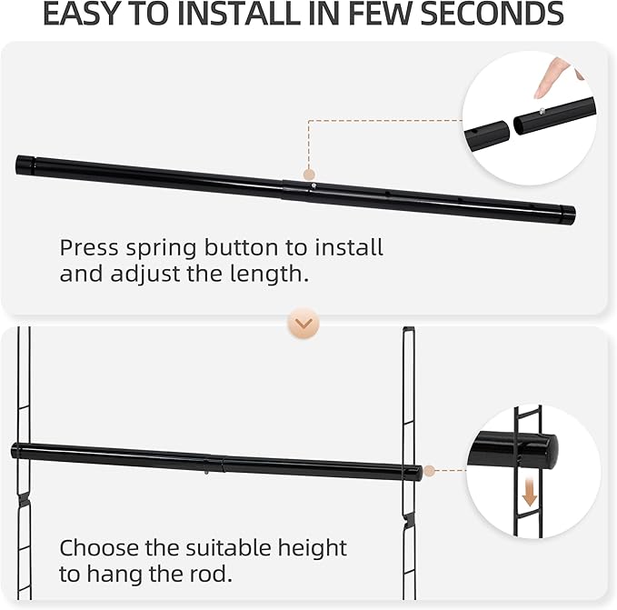 STORAGE MANIAC Hanging Closet Rod, Adjustable Width and Height Closet Hanging Organizer, Space-Saving Clothes Hanging Bar, Closet Extender Hanging Rod Double Closet Hanging Rod, 1 Pack Black