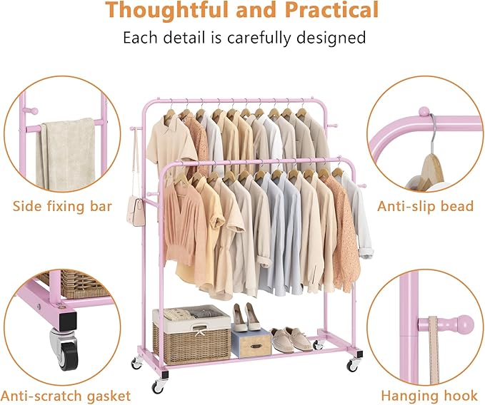 Laiensia Double Rods Garment Rack with Wheels, Clothing Rack for Hanging Clothes,4 Hooks, Multi-Functional Bedroom Clothes Rack, Pink