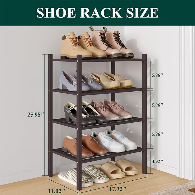 Smiry Small Bamboo Shoe Rack 4-Tier, Stackable Wooden Shoe Organizer for Entryway & Closet, Free Standing Wood Shoe Storage Shelf for Front Door & Small Spaces, Brown