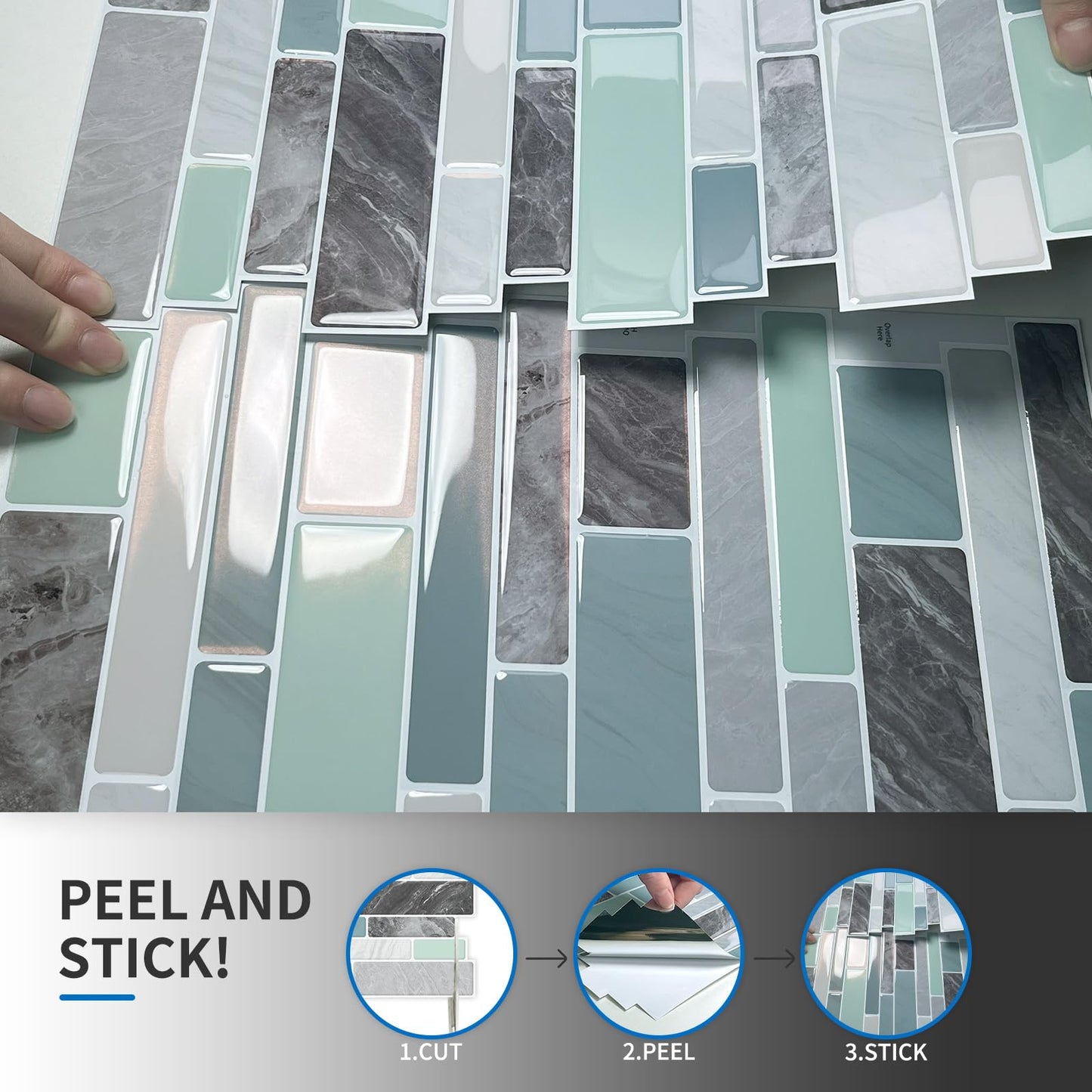 MOONFUN 10 Sheet Peel and Stick Backsplash Tiles, 12 X 12 Inch Blue Green Self Adhesive Tile Sticker for Backsplash Kitchen,Bathroom
