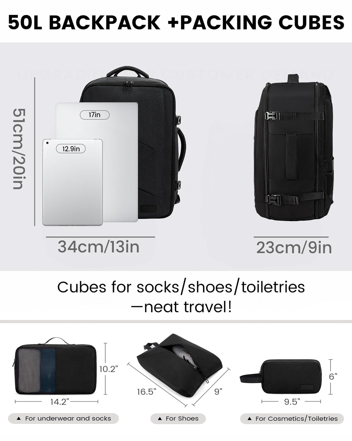 LOVEVOOK Carry on Travel Backpack, Large 40L for Men & Women Flight Approved with USB Charging Port&3 Packing Cubes, Large Suitcase Water Resistant Luggage Daypack Busi, Beige-Black
