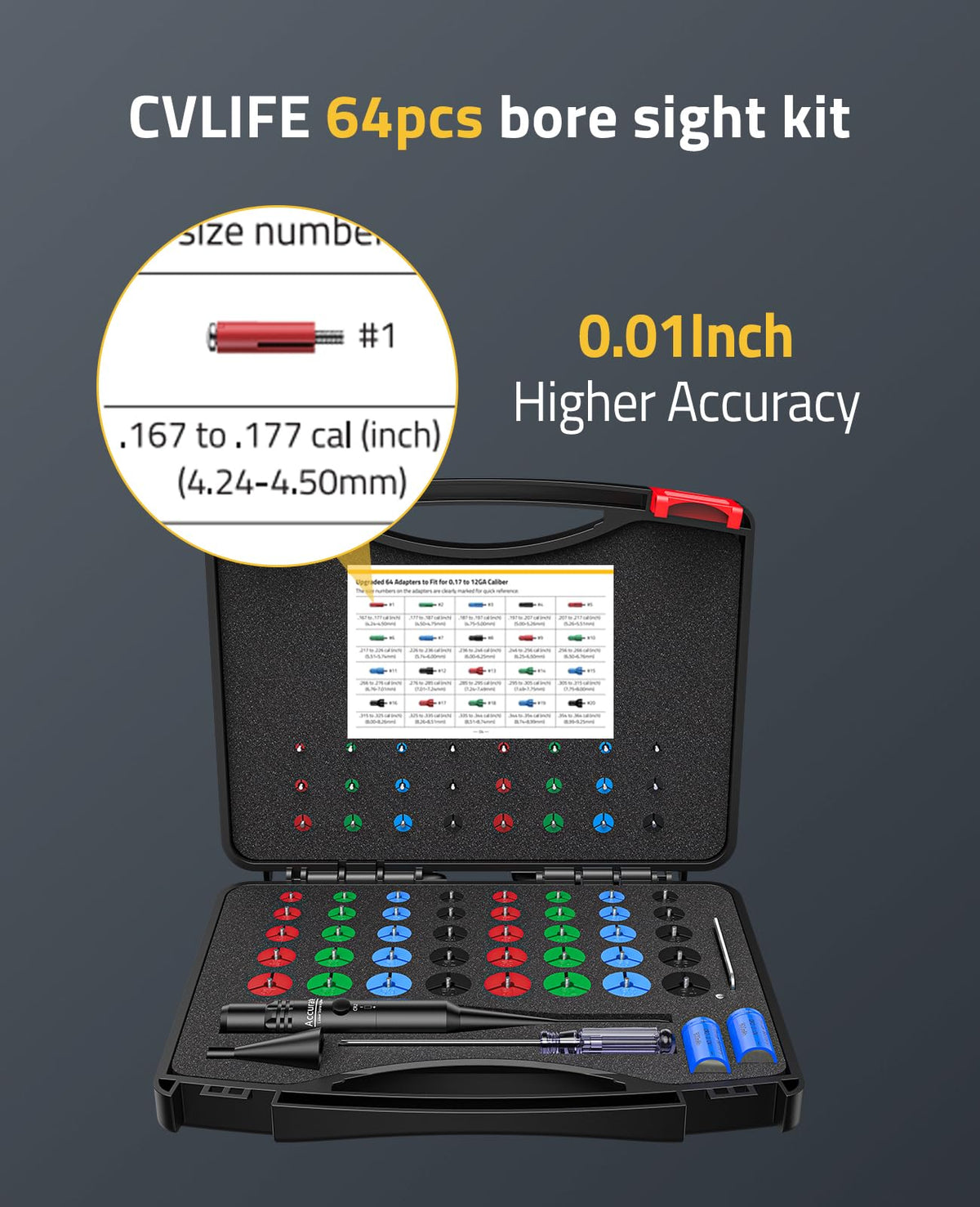 CVLIFE Bore Sight Laser Kit with 64 Adapters fit 0.17 to 12GA Calibers, Professional Green Laser Boresighter Kit for All Gun, Multiple Caliber Bore Laser Sighting Kit for Hunting Rifle Pistol Handgun