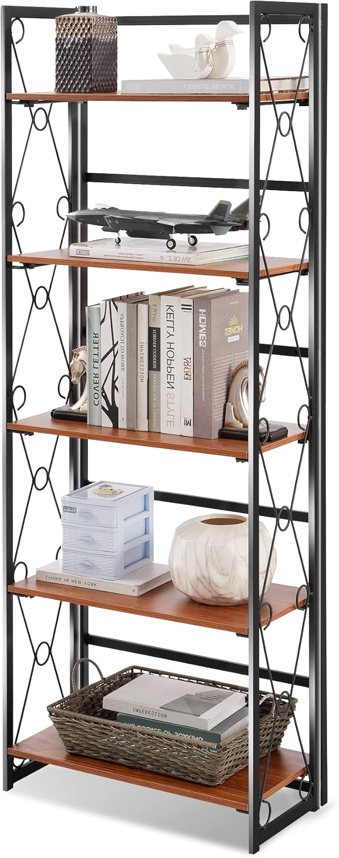 VECELO Folding Bookshelf 5-Tier,Industrial Metal Frame & Wood Shelves,Foldable Bookcase Easy Assembly Free Standing Tall Storage Organizer for Living Room,Office,Bedroom