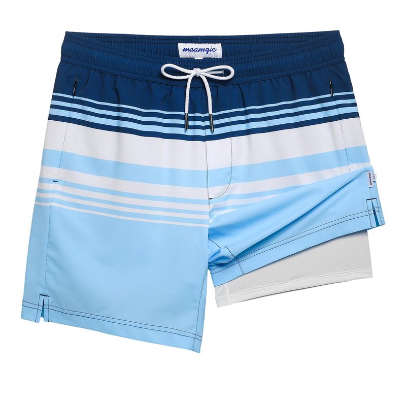 maamgic 2 in 1 Mens Swim Trunks 7 Inch Swim Shorts Swim Suits Board Shorts Blue White Horizontal Stripe XXL
