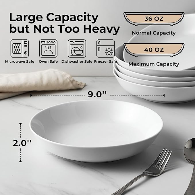 Y YHY 9" Pasta Bowls, 40oz Large Salad Bowls Set of 6, Wide Shallow Ceramic Bowls for Serving Soup, White Dinner Plates Set for Kitchen, Microwave Dishwasher Safe