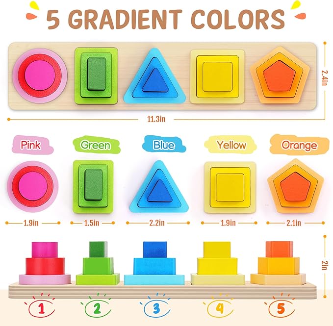 PEBIRA Montessori Toys for 1 2 3 Year Old Boys Girls Toddlers, Heightened Peg-Free Wooden Stacking Toys, Shape Sorter Learning Toy, Birthday Gift for Baby Kid Age 1-4 Preschool Toy, Various Game Play