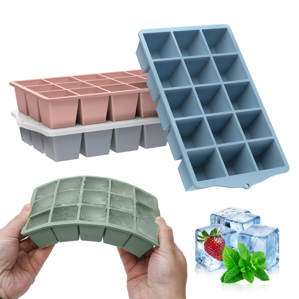 FANYITY Silicone Ice Cube Tray with Lid, Gray, Pack of 2 Ice Cube Moulds, Silicone Mould, BPA-Free, Stackable Ice Cube Tray, Ice Cube Trays for Baby Porridge, Cocktail, Whiskey, Coffee