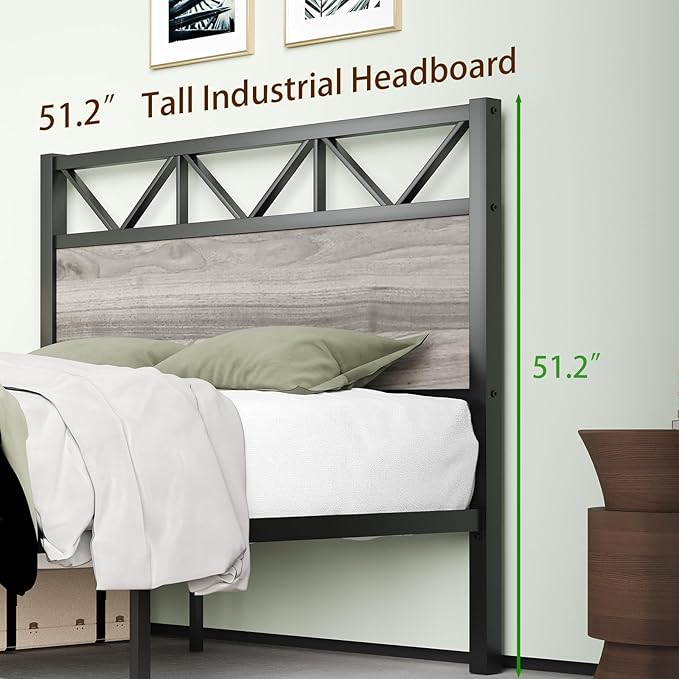 Full Size Bed Frame, 51.2" Tall Industrial Headboard, Full Platform Bed Frame with Strong Steel Slats Support, Noise Free, No Box Spring Needed, Easy Assembly, Wash Grey