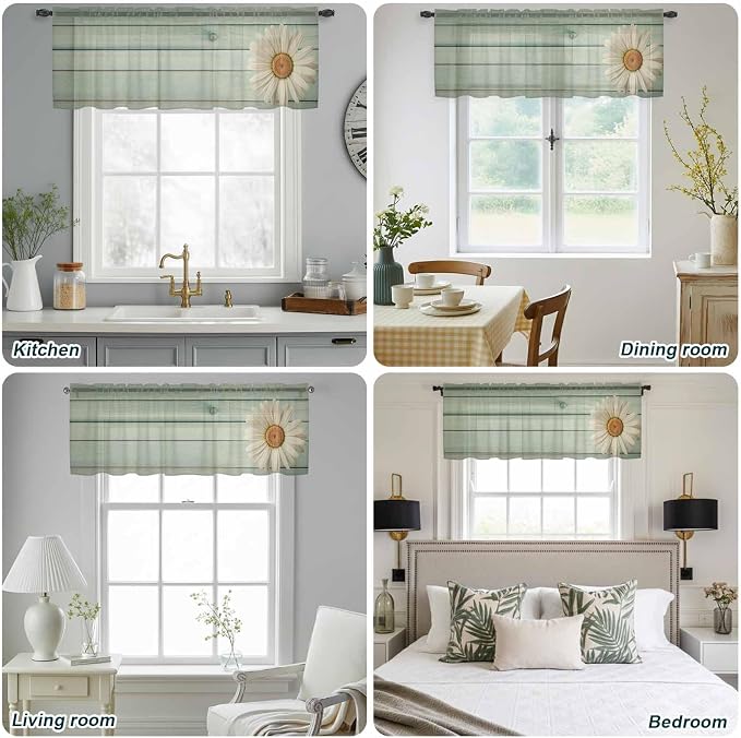 Daisy Flower Sheer Valances for Windows 54"x18", Light Filtering Kitchen