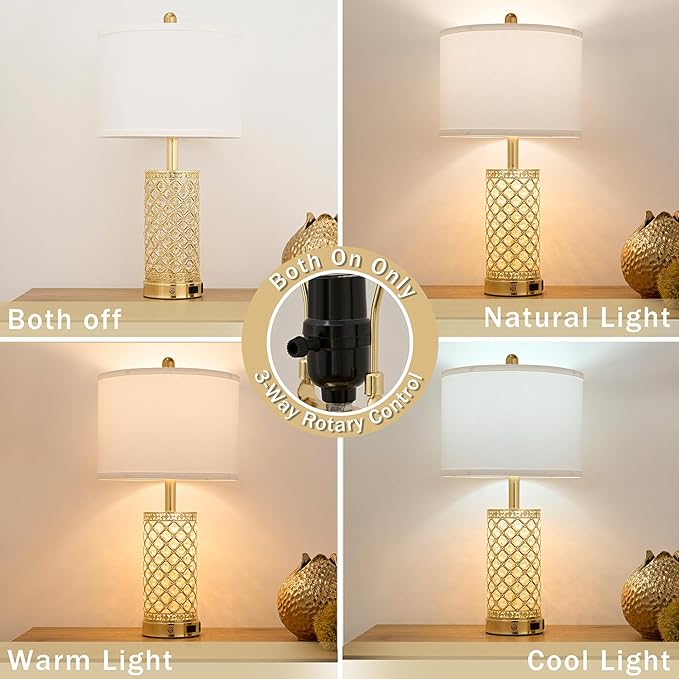 Crystal Table Lamps Modern 3-Way Dimmable Bedside Lamp with 2 USB Ports & AC Outlets for Living Room Bedroom Nightstand Lamp Night Light (Gold- 1 Pack 24In)