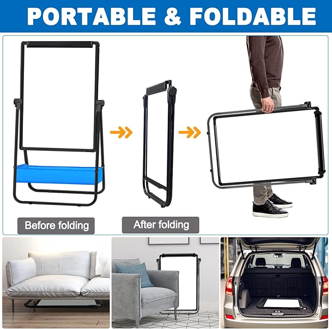 Dry Erase White Board with Stand Double Sided 28"X20" Magnetic U Standing Easel Whiteboard, Height Adjustable & 360° Rotation Portable White Boards for Classroom, Home & Office