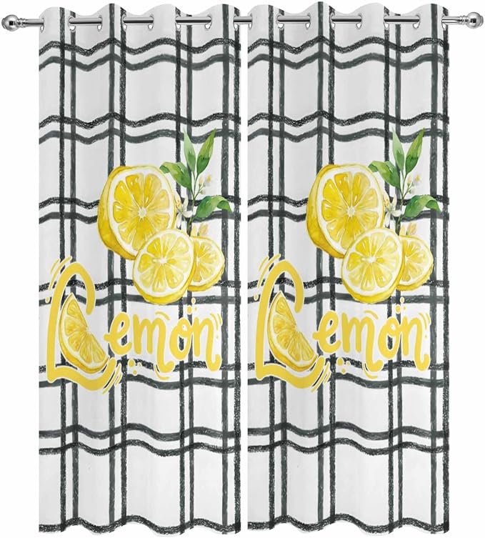 Lemon Outdoor Curtains for Patio Lemon Leaves Summer Plaid Buffalo Waterproof