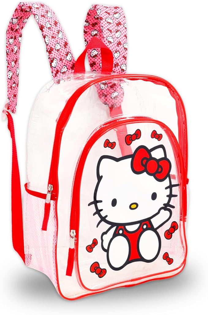 Hello Kitty Backpack with Lunch Box - Bundle with 16" Clear School Bag for Girls, Lunch Bag, Water Bottle, Tattoos, More | Transparent Clear Backpack for Kids School Supplies