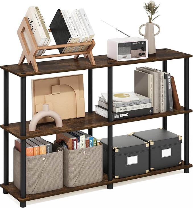 Furinno Turn-N-Tube Storage Shelves, 3-Tier 47.4 Wide Book Shelf, Corner Shelf, Toolless Open Shelves, for Organization and Storage, Living Room, Garage, Home Office, Amber Pine