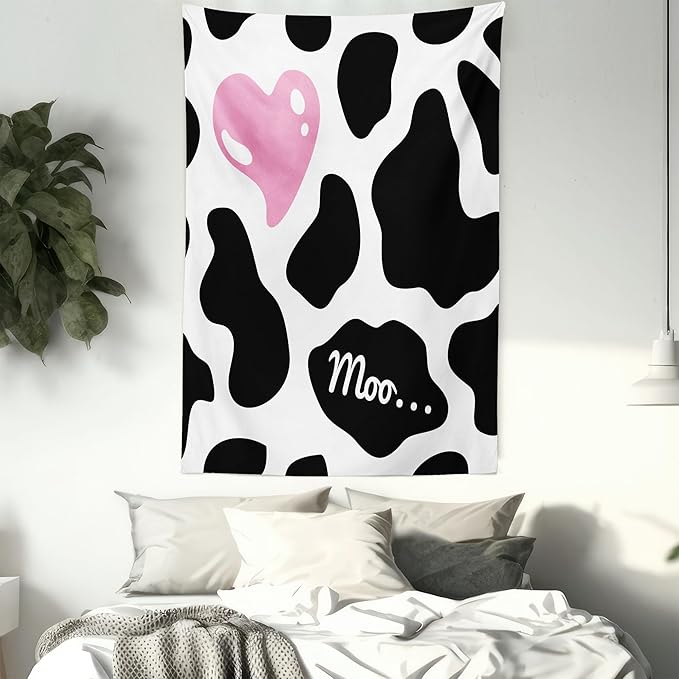 Ambesonne Cow Print Tapestry Queen Size, Camouflage Hide Skin Pattern in Pastel Color Shades Heart Shape Moo, Wall Hanging Bedspread Bed Cover Wall Decor, Queen Size, Pink Black White