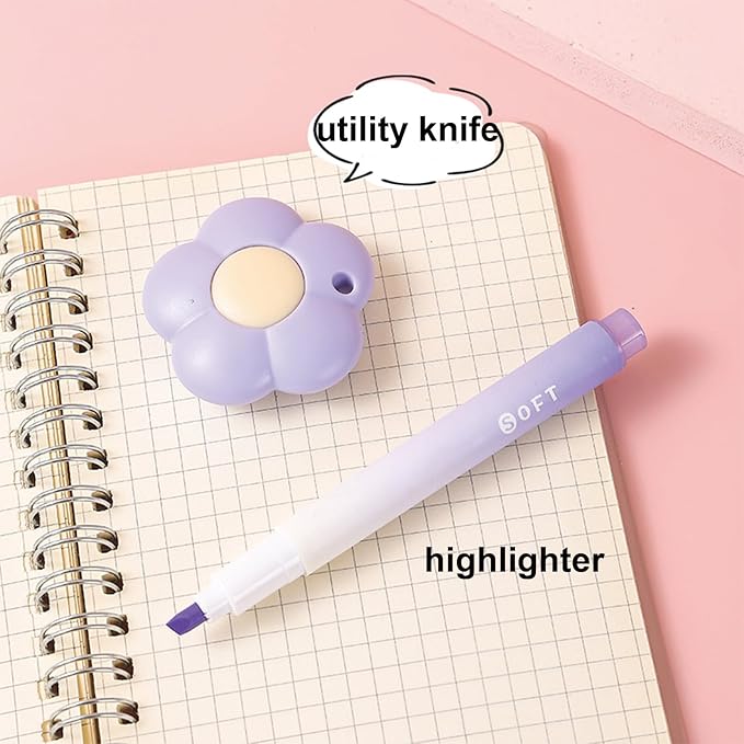 7 Pcs Cute Purple Stationery Set Kawaii School Supplies Office Supplies Including Ballpoint Pens Pencil Sharpener Highlighter Correction Tape Ruler Utility Knife (Purple)