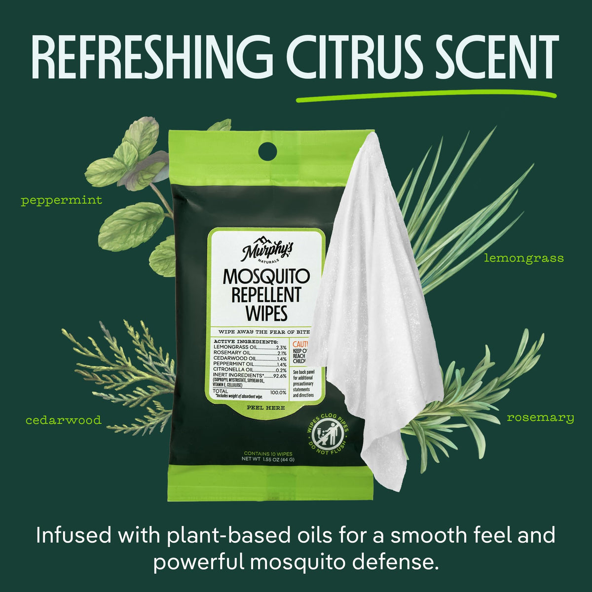 Murphy's Naturals Mosquito Repellent Wipes, Plant-Based, 10 Count Pack of 3