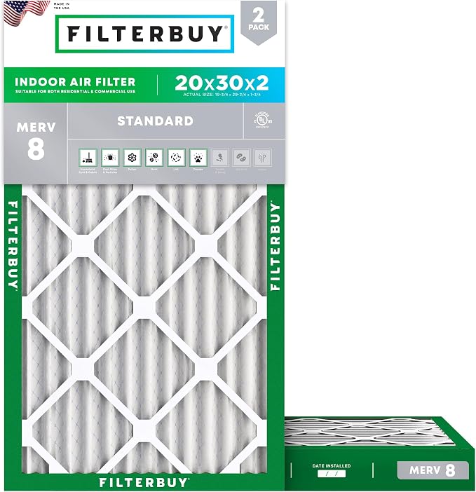 Filterbuy 20x30x2 Air Filter MERV 8 Essential Dust & Allergy Defense,