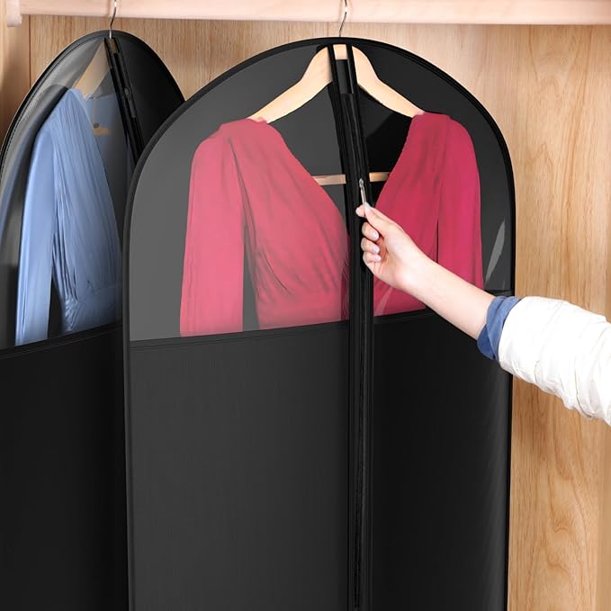 Univivi Long Garment Bags for Hanging Clothes, 54" Dress Bags for Gowns Long for Closet Storage with Large Visible Window for Long Suits, Coats, Dresses, 6 Pack, Black