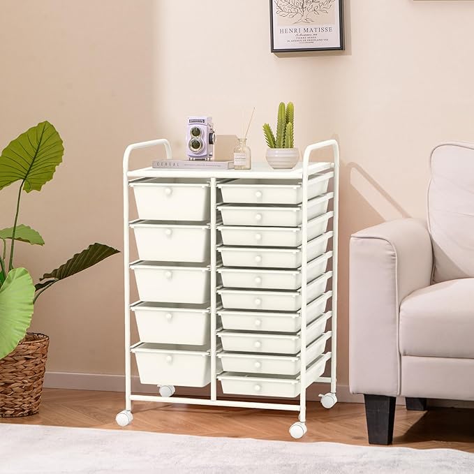 COSTWAY 15 Drawer Rolling Storage Cart, Mobile Utility Cart with Lockable Wheels, Drawers, Multipurpose Organizer Cart for Home, Office, School, White