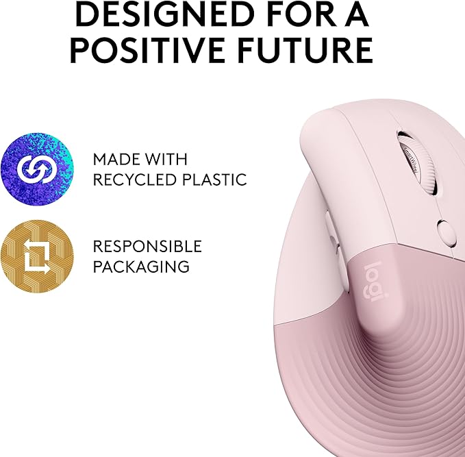 Logitech Lift Vertical Ergonomic Mouse, Wireless, Bluetooth or Logi Bolt USB Receiver, Quiet clicks, 4 Buttons, Compatible with Windows/macOS/iPadOS, Laptop, PC - Rose