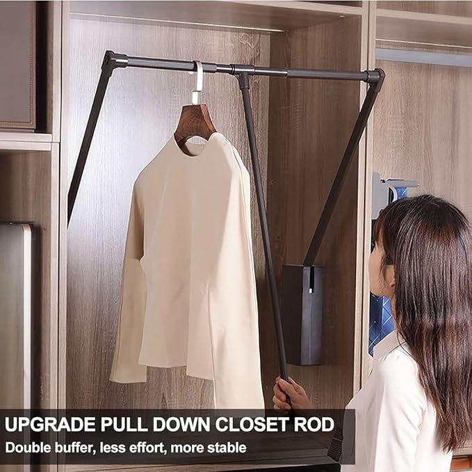 Pull Down Closet Rod for Hanging Clothes, Retractable Wardrobe Hanger for Cabinet Inside Width 35"~47.2", Aluminium alloy Tubing with Plastic Housing, 44 lb Weight Rating