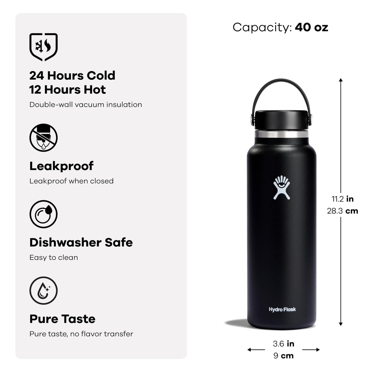 Hydro Flask Water Bottle - Insulated Stainless Steel - Wide Mouth Flex Lid, Non Spill, Leakproof and Refillable in 40 Oz Pacific