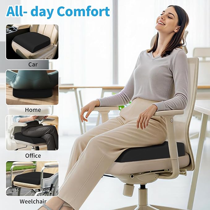 Large Seat Cushion, Memory Foam Cushion for Long Sitting Hours on Office Chair, Car Seat, Non-Slip Chair Pad for Sciatica, Coccyx, Tailbone Pain Relief & Post-Surgery Recovery (Black)