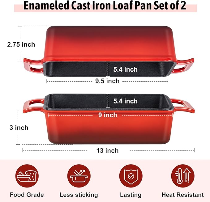 P&P CHEF 2-In-1 9 x 5 Inch Cast Iron Loaf Pan with Lid, Red