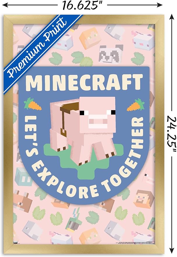 Trends International Minecraft - Let's Explore Together Wall Poster, 22.4L x 14.7W, Gold Framed Version