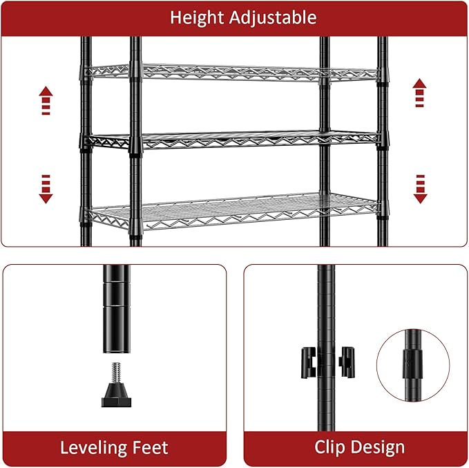 IZEUK 5 Tier Steel Storage Shelves, Heavy Duty Metal Shelf Wire Shelving Rack for Pantry, Kitchen, Living Room, or Office Organization (11.8" D x 23.6" W x 59.5" H, 1250LBS, Black)
