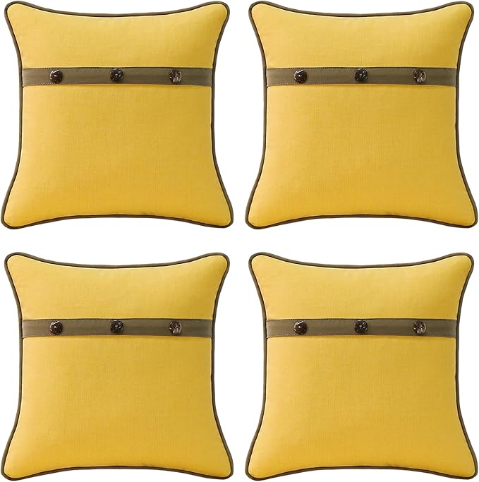Outdoor Sunbrella Decorative Pillows with Triple Coconut Buttons Pack of 4, 16" x 16" Outdoor Pillow Set for Couch Bed Throw Patio Sofa, Spectrum Daffodil/Canvas Cocoa