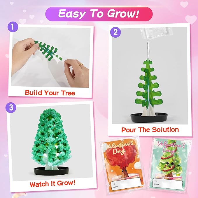 24 Pack Valentine’s Day Growing Crystal Trees Kit With Greeting Cards for Kids STEM Science Experiment Craft Party Favors School Classroom Gifts Exchange Goodie bags for Boys and Girls