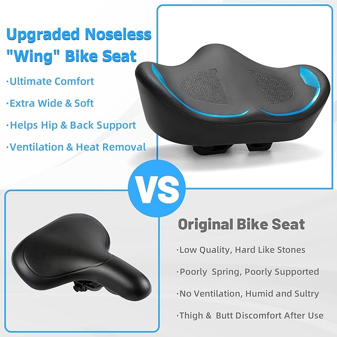 Noseless Oversized Bike Seat for Men Women Comfort, Extra Wide Padded Bicycle Seat Cushion, Large Comfortable Bike Saddle for Peloton, Stationary Exercise Bike, Beach Cruiser, City Bike, Ebike