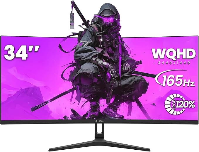 CRUA 34 Inch Curved Gaming Monitor, 21:9 WQHD 3440x1440 165Hz/144Hz 1500R Ultrawide Computer Monitor Support Freesync, PIP/PBP, 120% sRGB, HDMI 2.0 & DP 1.4, Wall Mountable/Tilt Adjustable-Black