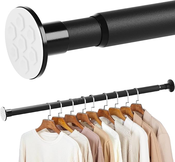 No Drilling Closet Rod, 27.5-94 Inches Hanging Closet Rod for Clothes, Closet Bar & Pole Heavy-duty, Closet Rods for Hanging Clothes For Closet Wardrobes Bathroom Laundry RV Curtains,Black