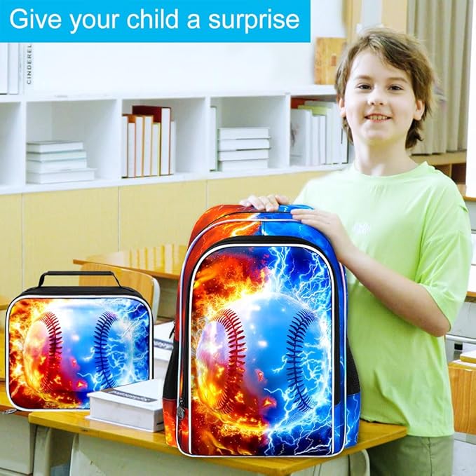 gxtvo 3PCS Boys Baseball Backpack, 17" Kids Bookbag with Lunch Box, Water Resistant Middle Elementary School Bag - Fire & Lightning Baseball