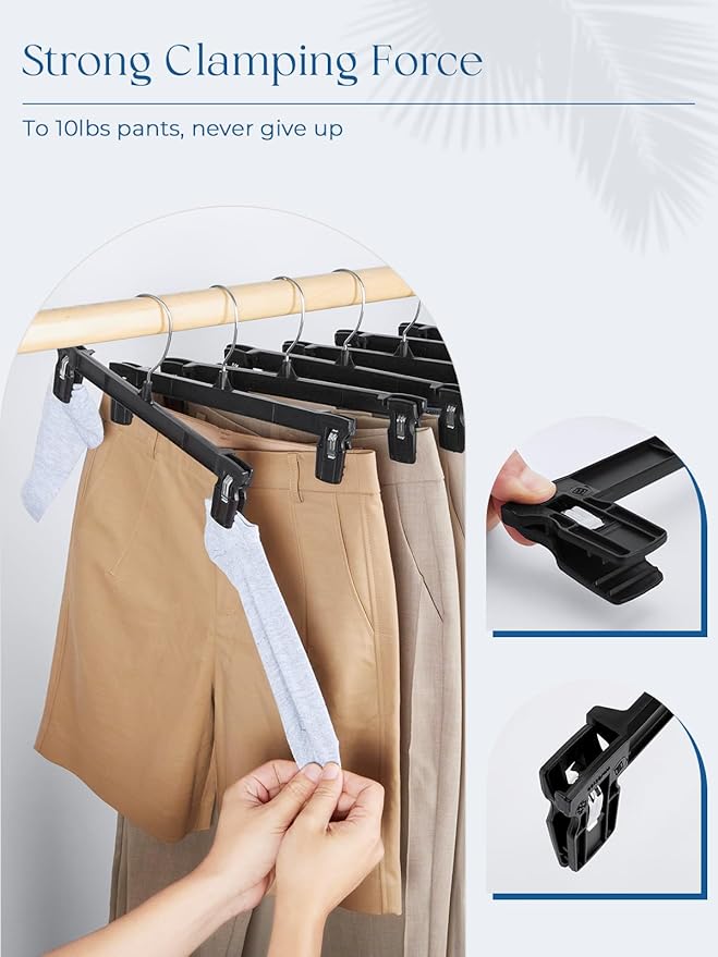 Smartor Space Saving Skirt Hangers - 150 Pack, Slim Plastic Pants and Shorts Hangers, Ridged Non-Slip with Pinch Clips, Black Clip Hanger for Women, 360-Rotating Chrome Swivel Hook, 10 Inches